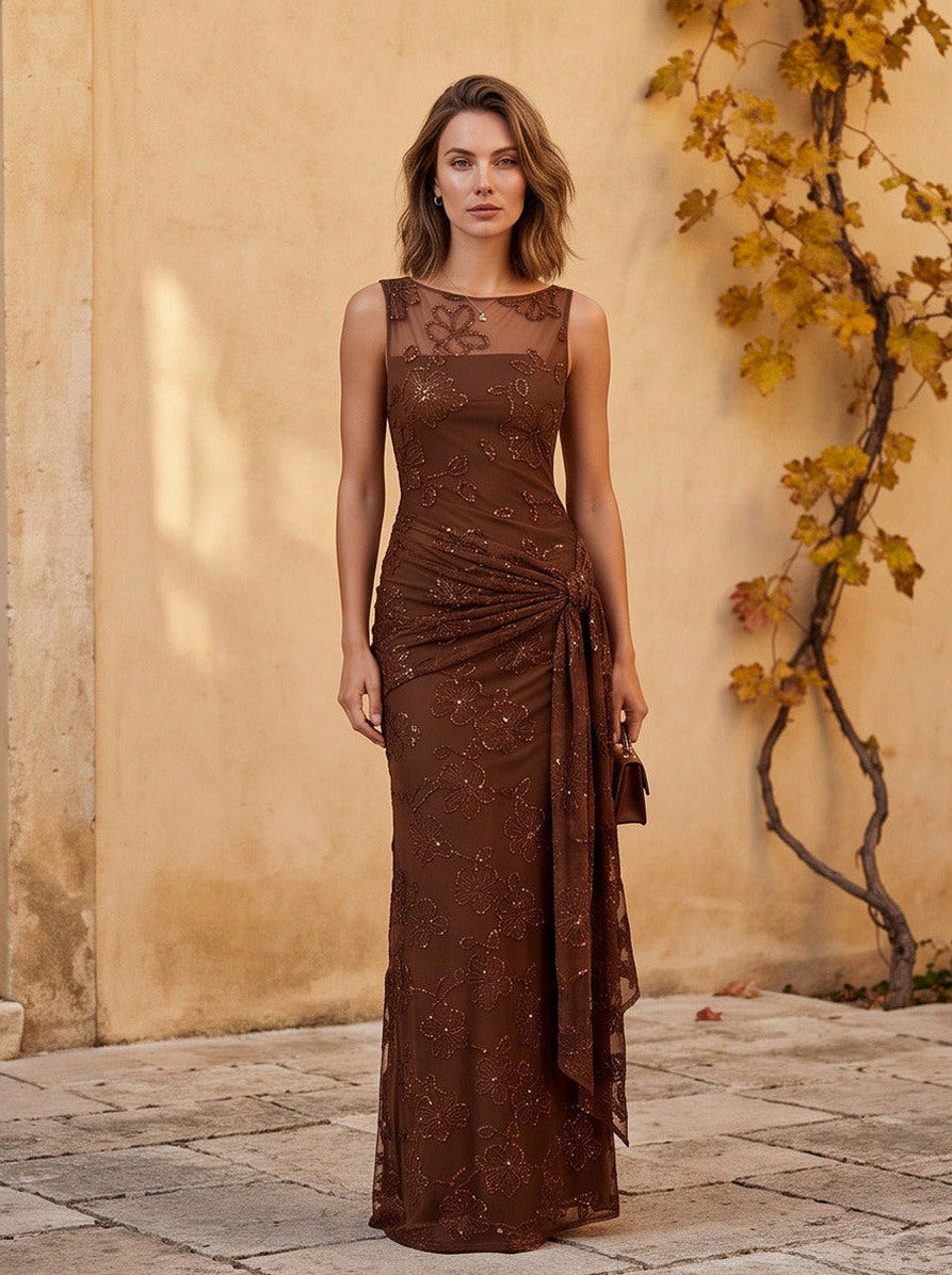 Mesh Sequin Floral Draped Maxi Dress