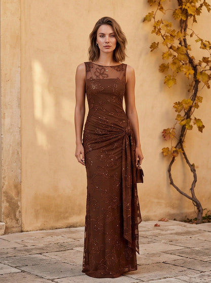 Mesh Sequin Floral Draped Maxi Dress