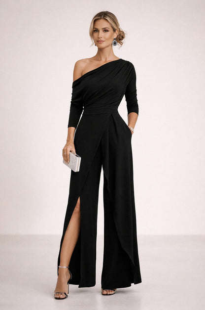 One Shoulder Three Quarter Sleeve Wide Leg Jumpsuit