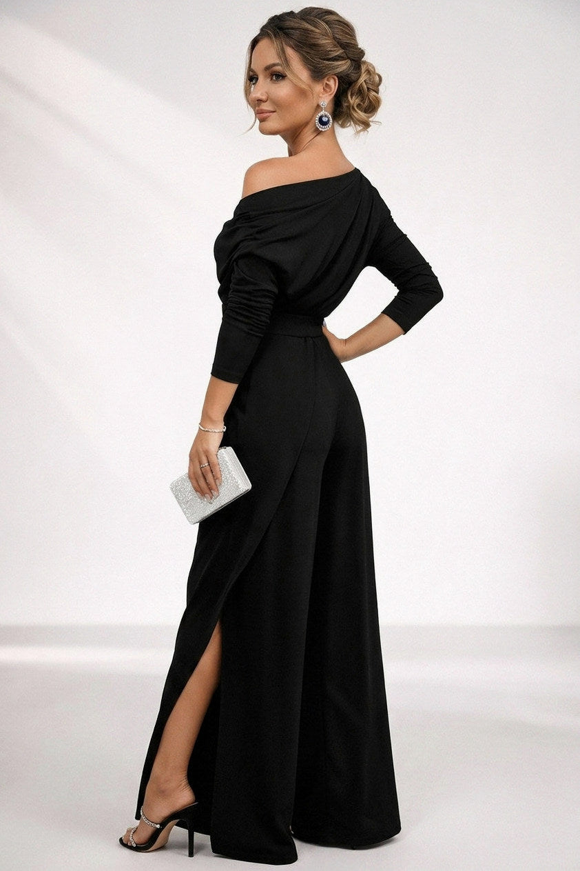 One Shoulder Three Quarter Sleeve Wide Leg Jumpsuit