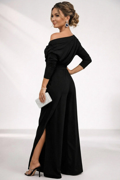 One Shoulder Three Quarter Sleeve Wide Leg Jumpsuit