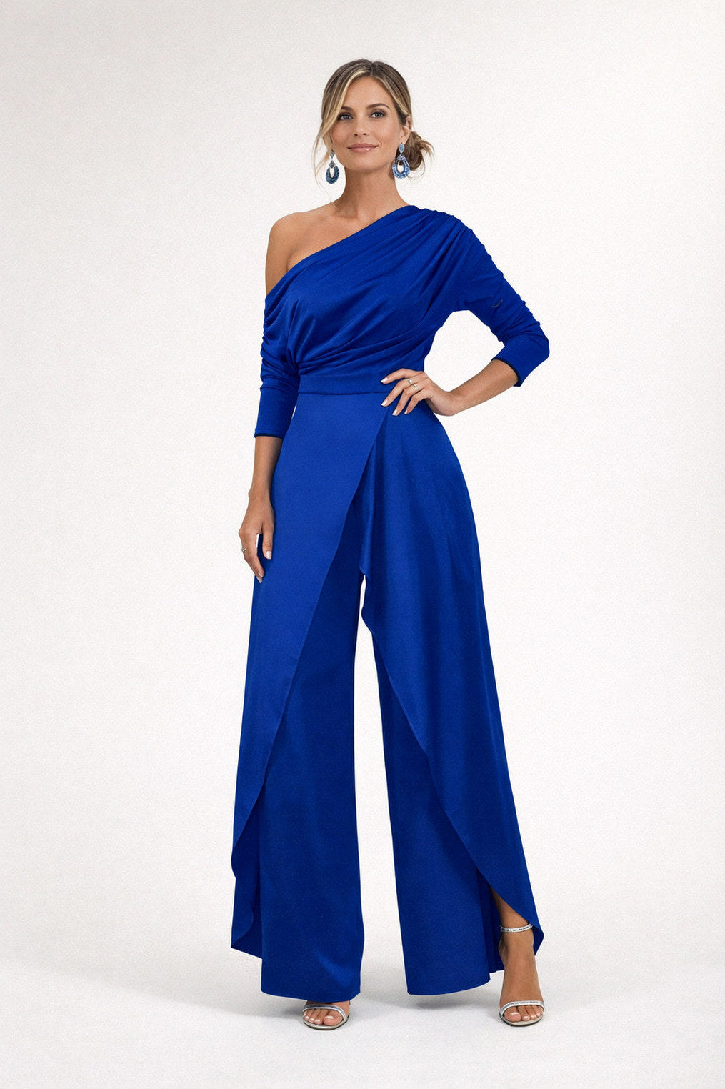 One Shoulder Three Quarter Sleeve Wide Leg Jumpsuit