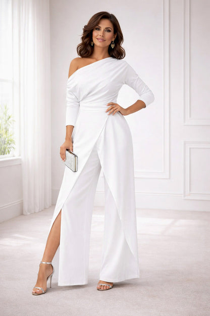 One Shoulder Three Quarter Sleeve Wide Leg Jumpsuit