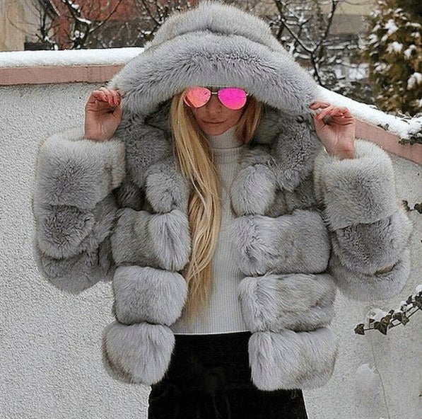 Faux Fur Hooded Long Sleeve Panelled Jacket
