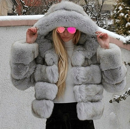 Faux Fur Hooded Long Sleeve Panelled Jacket