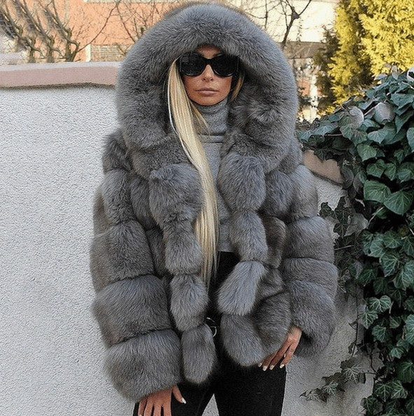 Faux Fur Hooded Long Sleeve Panelled Jacket