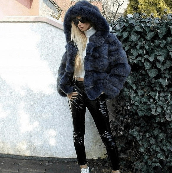 Faux Fur Hooded Long Sleeve Panelled Jacket