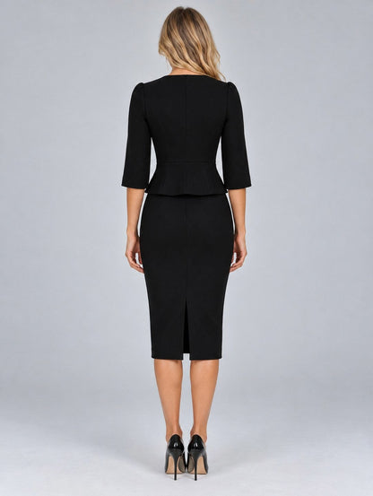 Peplum Half Sleeve Midi Skirt Set