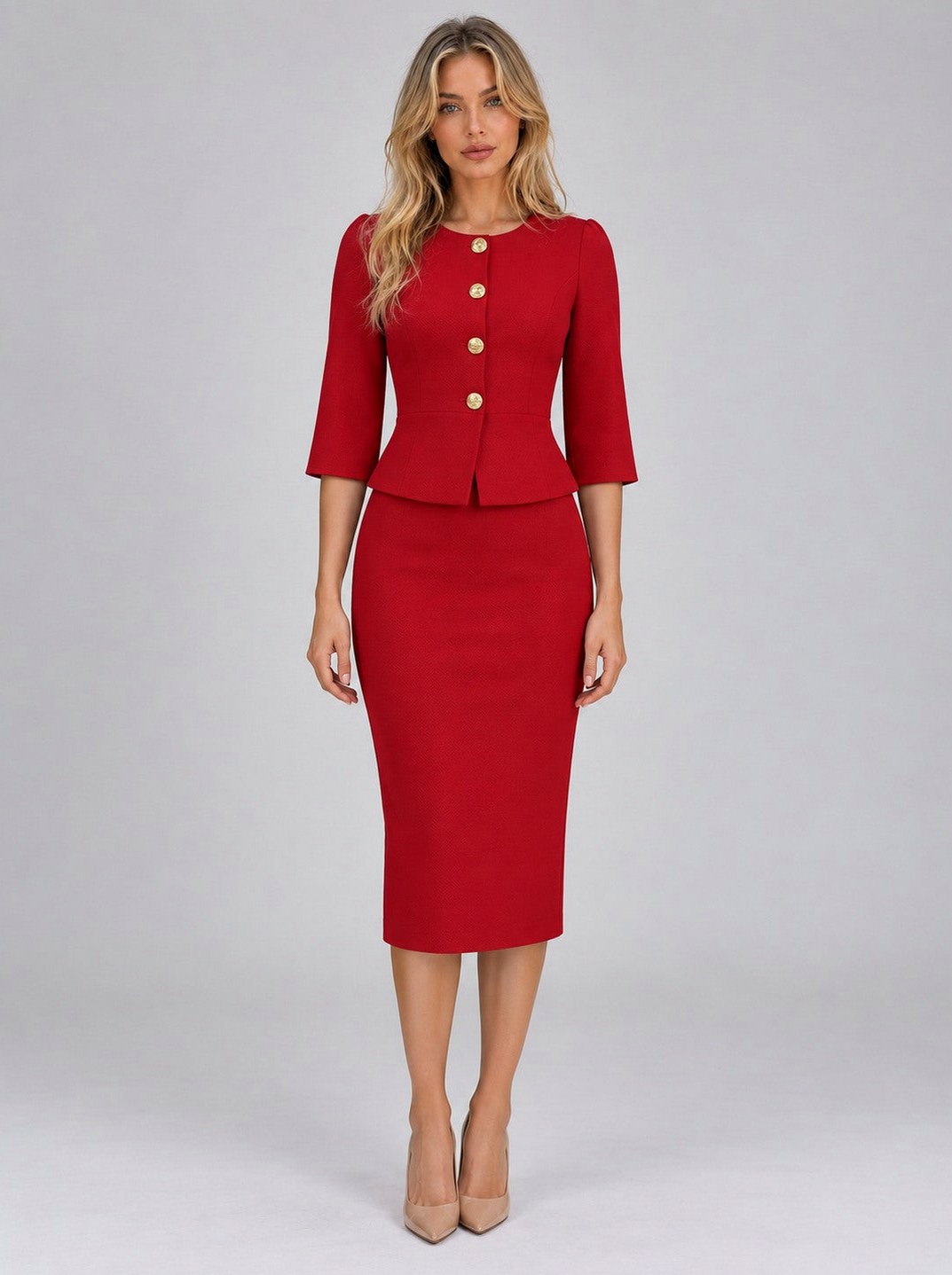 Peplum Half Sleeve Midi Skirt Set