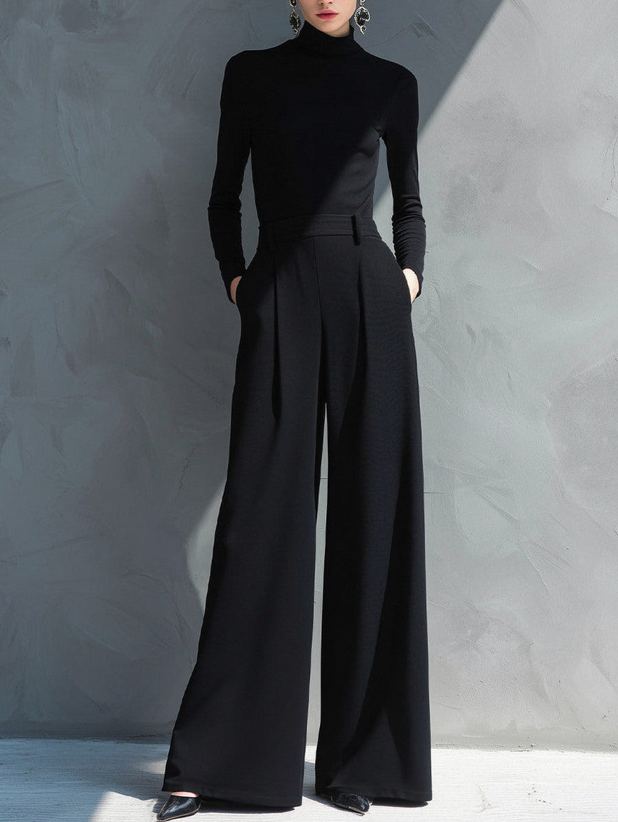 Long Sleeve Turtleneck Pleated Wide Leg Jumpsuit