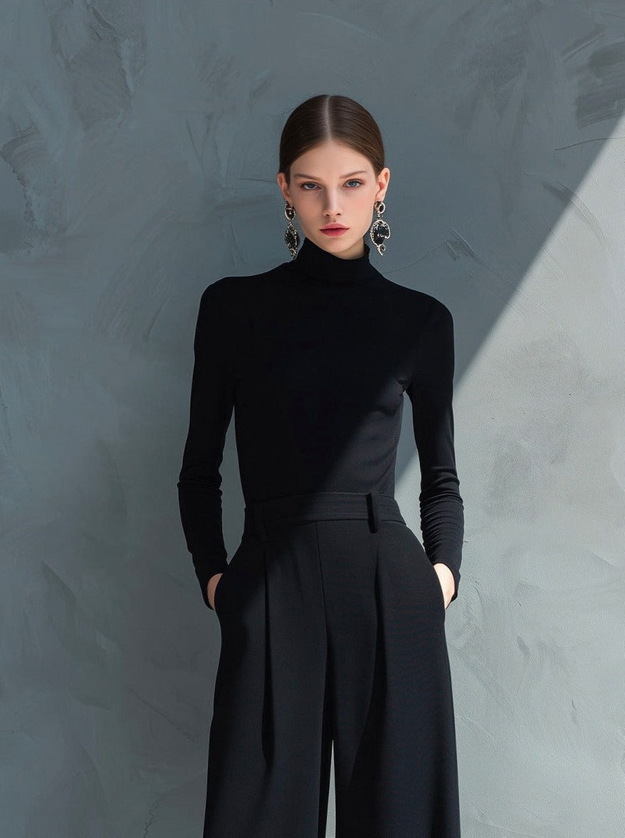 Long Sleeve Turtleneck Pleated Wide Leg Jumpsuit