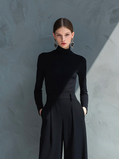 Long Sleeve Turtleneck Pleated Wide Leg Jumpsuit
