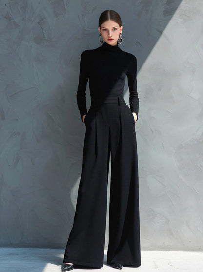 Long Sleeve Turtleneck Pleated Wide Leg Jumpsuit