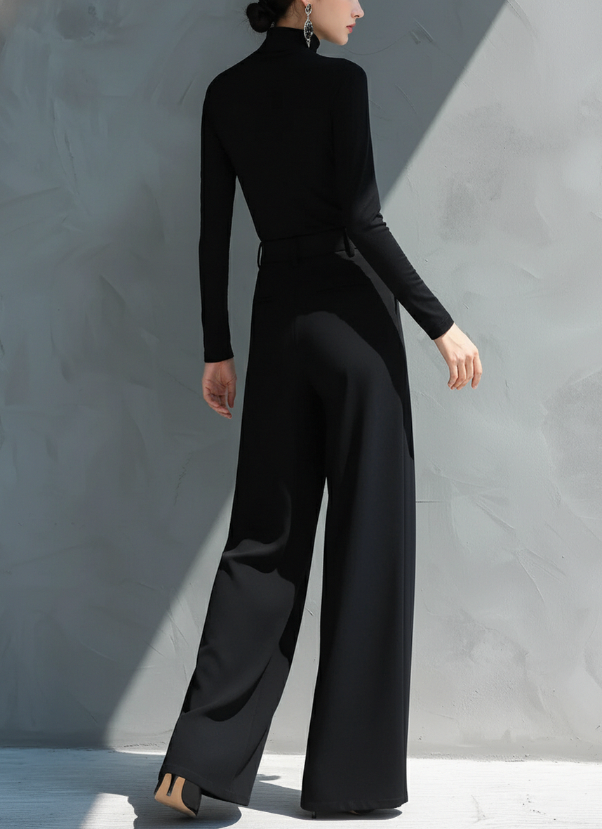 Long Sleeve Turtleneck Pleated Wide Leg Jumpsuit