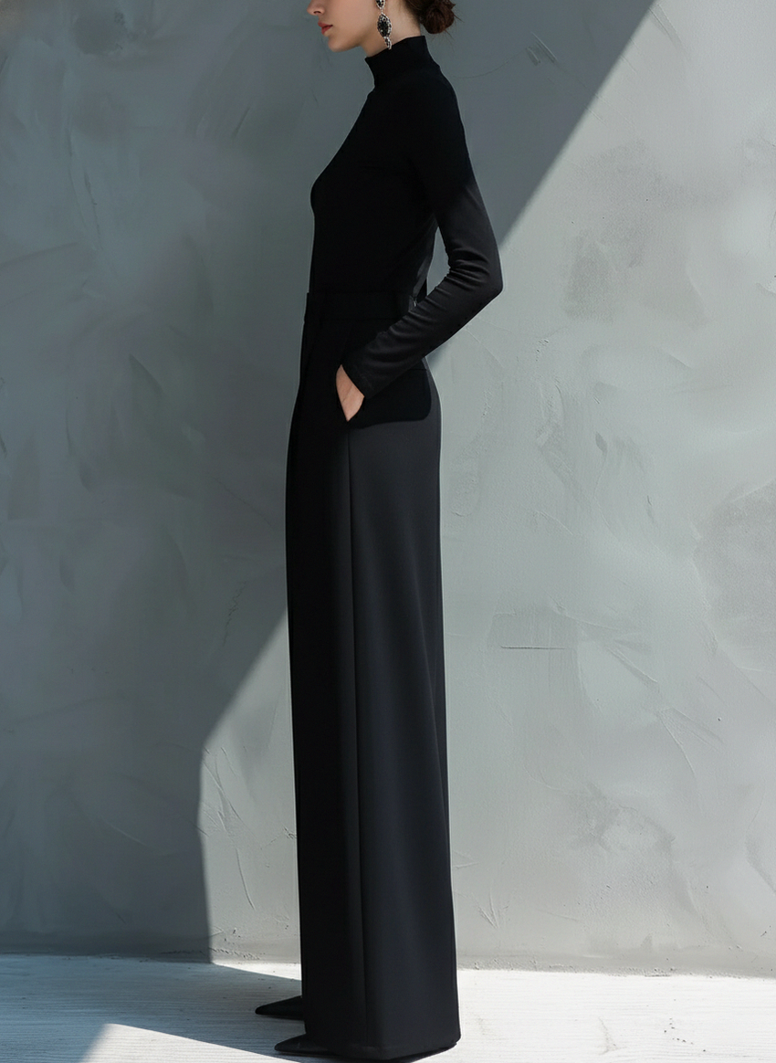 Long Sleeve Turtleneck Pleated Wide Leg Jumpsuit