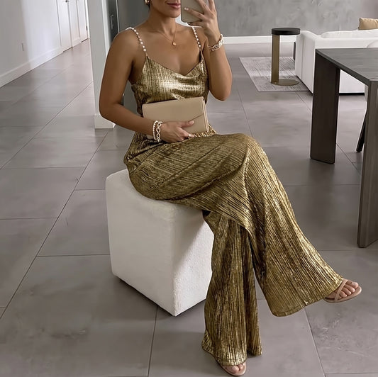 Metallic Pleated Wide Leg Jumpsuit