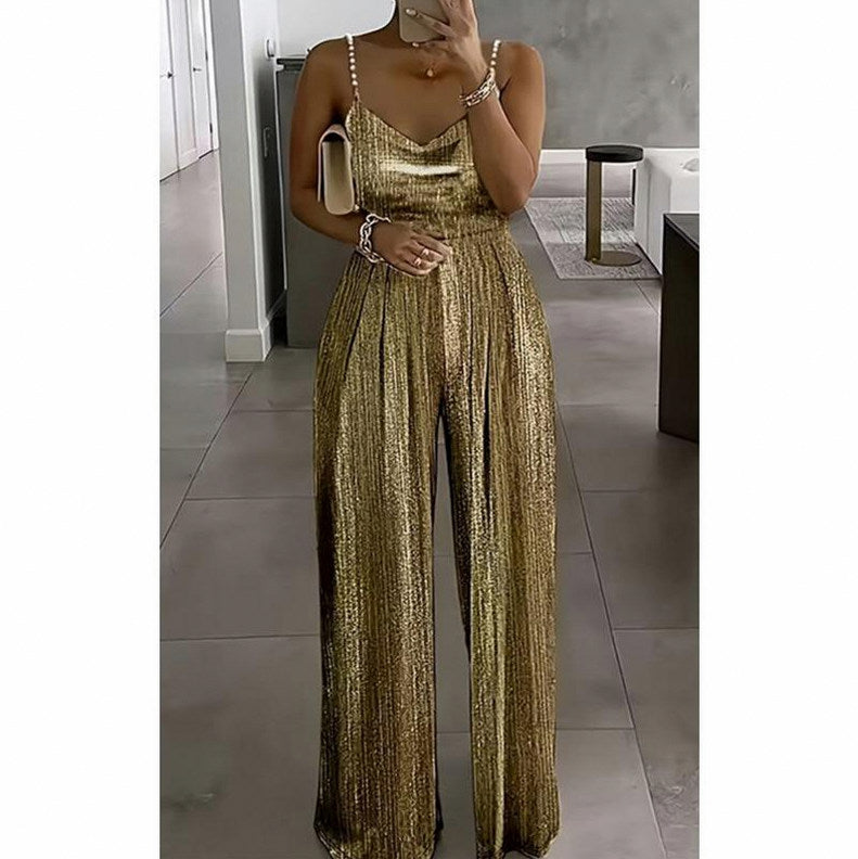 Metallic Pleated Wide Leg Jumpsuit
