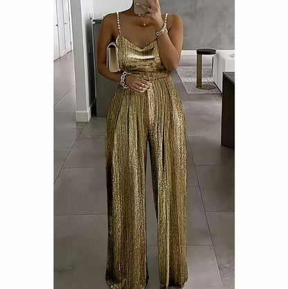 Metallic Pleated Wide Leg Jumpsuit