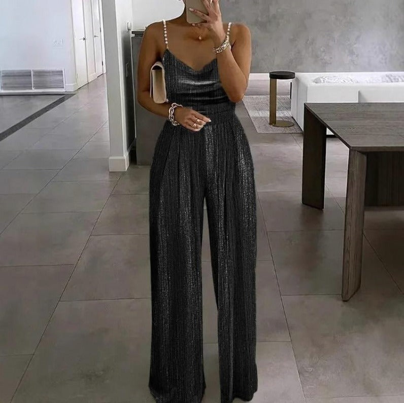 Metallic Pleated Wide Leg Jumpsuit