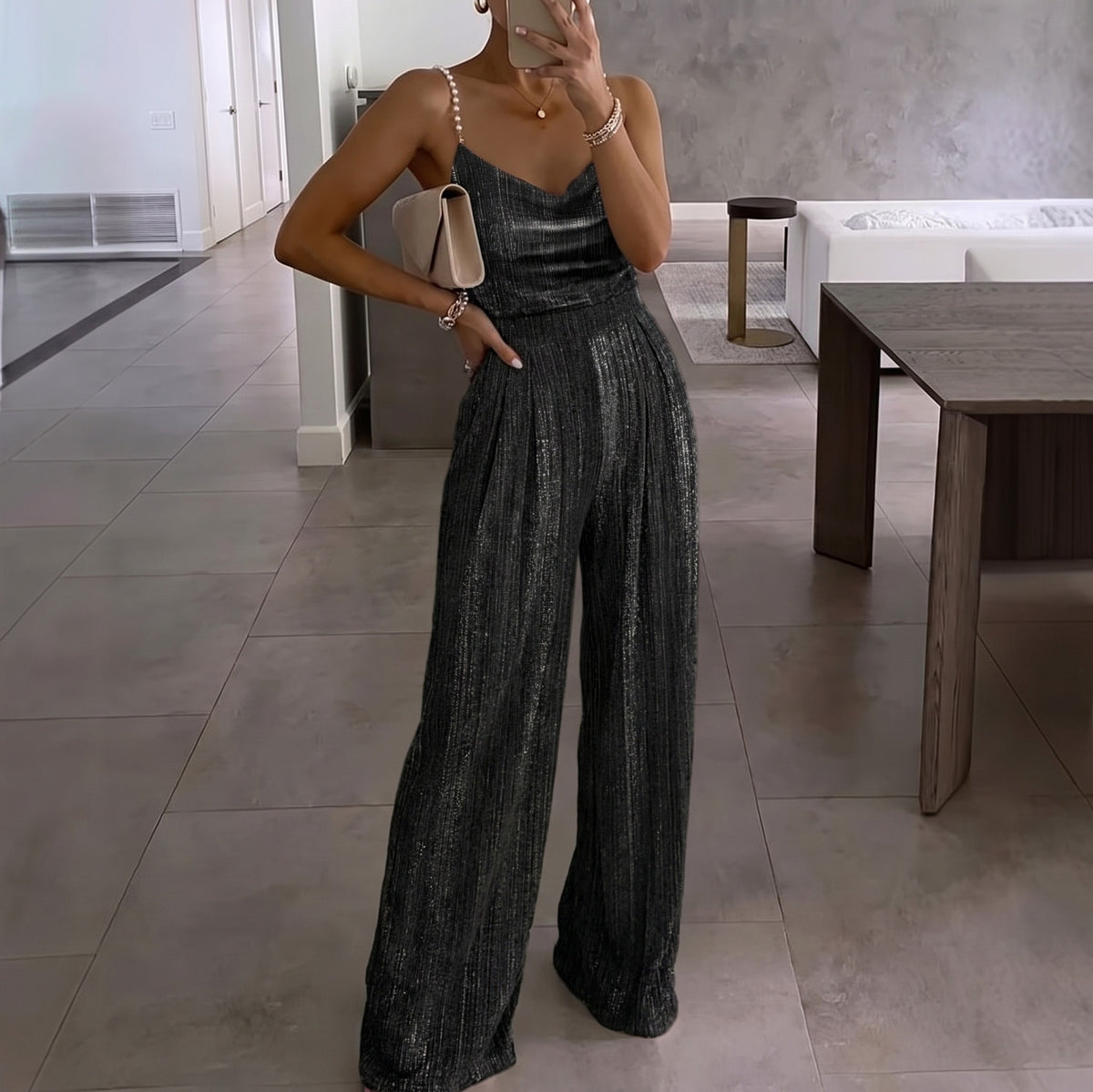 Metallic Pleated Wide Leg Jumpsuit