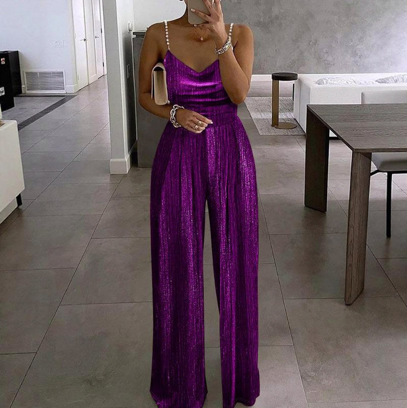 Metallic Pleated Wide Leg Jumpsuit