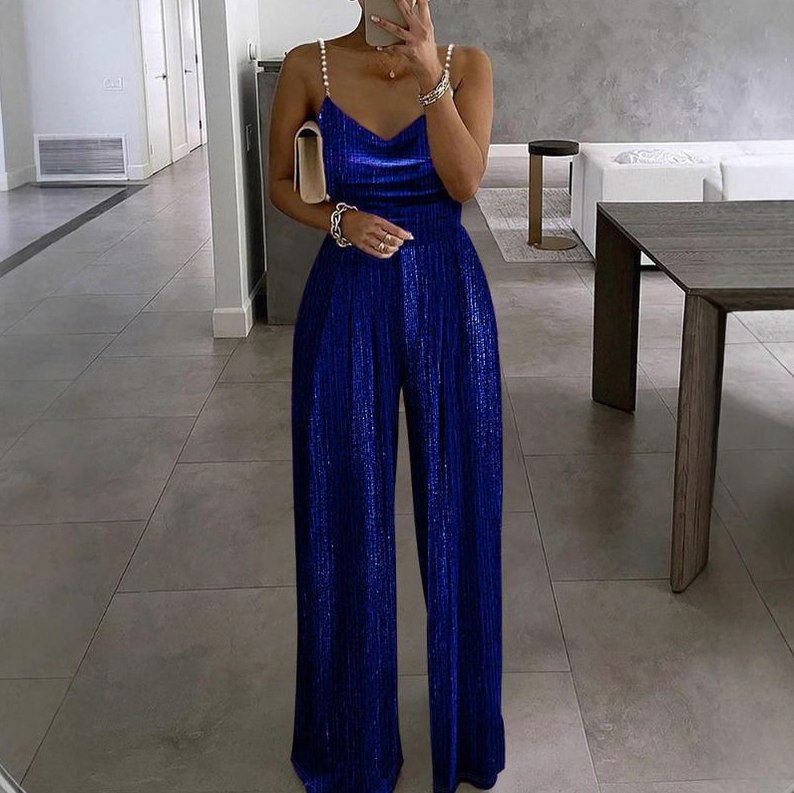 Metallic Pleated Wide Leg Jumpsuit