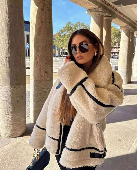 Fleece Collared Long Sleeve Zip Front Aviator Jacket