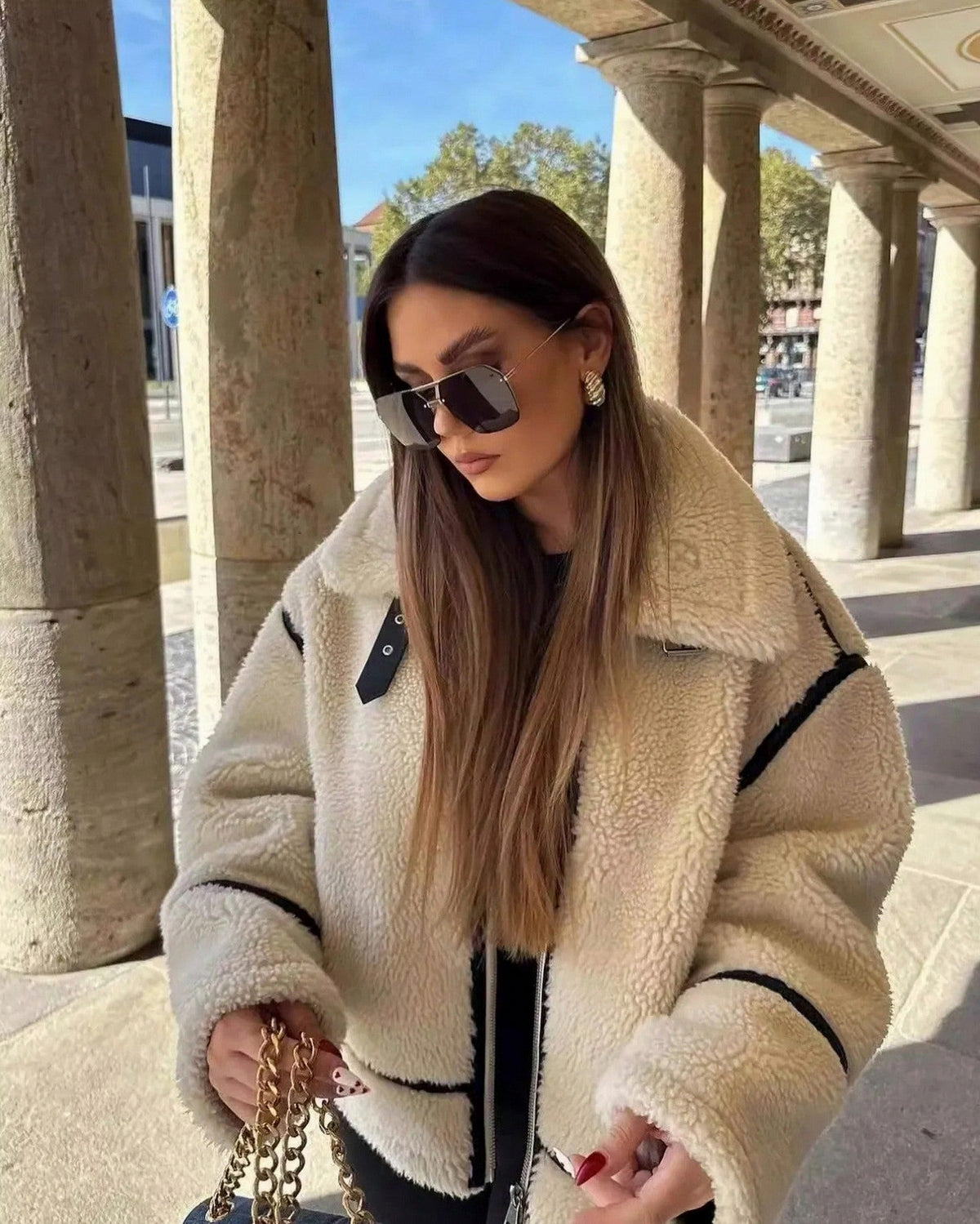 Fleece Collared Long Sleeve Zip Front Aviator Jacket