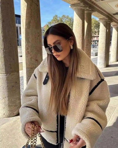 Fleece Collared Long Sleeve Zip Front Aviator Jacket