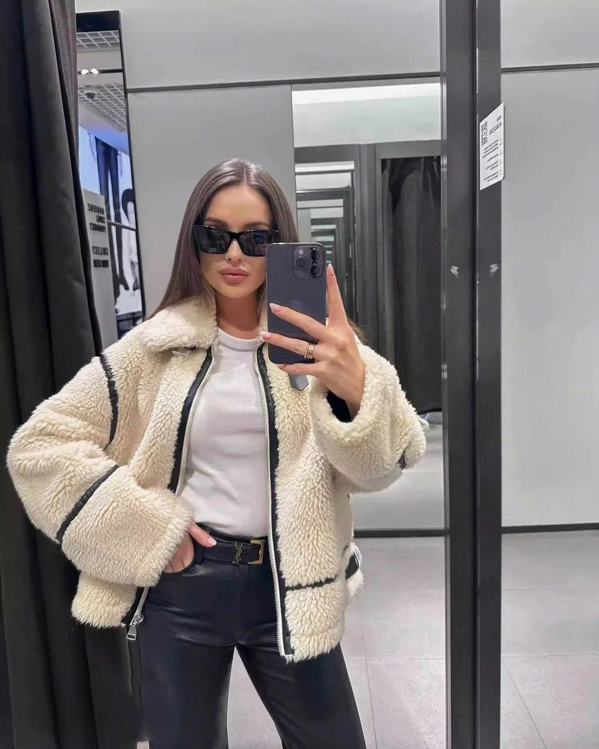Fleece Collared Long Sleeve Zip Front Aviator Jacket