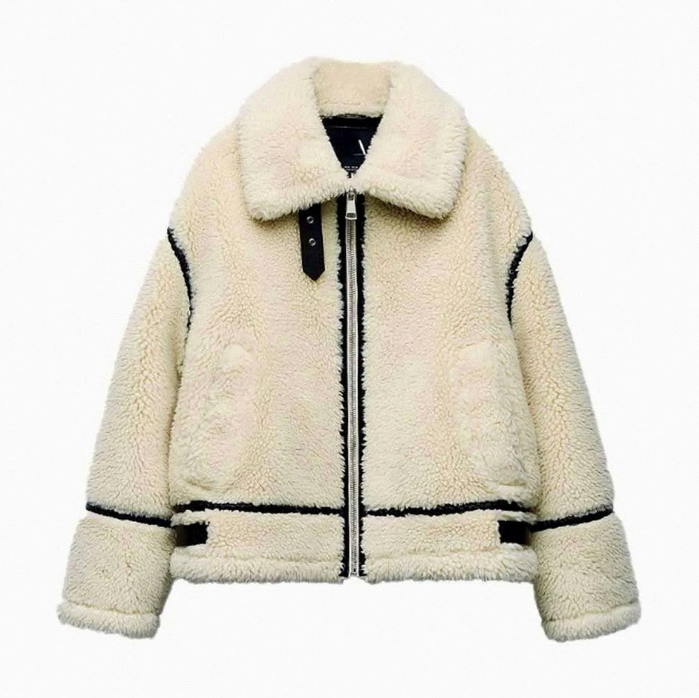 Fleece Collared Long Sleeve Zip Front Aviator Jacket