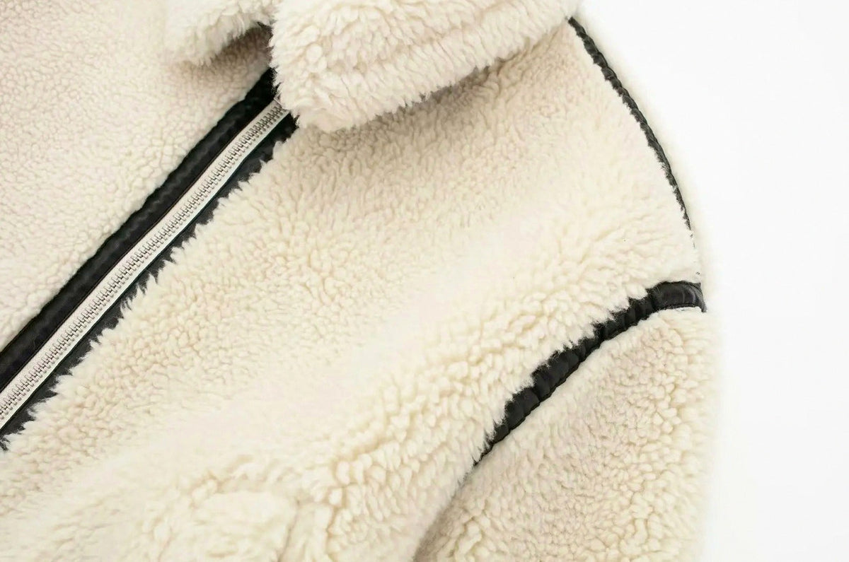 Fleece Collared Long Sleeve Zip Front Aviator Jacket
