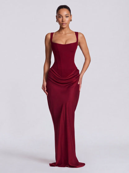 Satin Corset Draped Maxi Dress