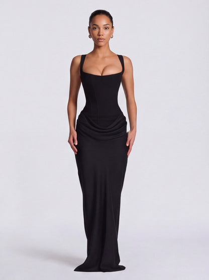 Satin Corset Draped Maxi Dress