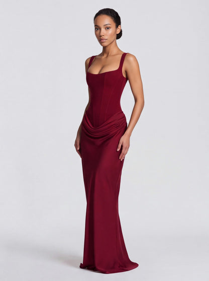 Satin Corset Draped Maxi Dress