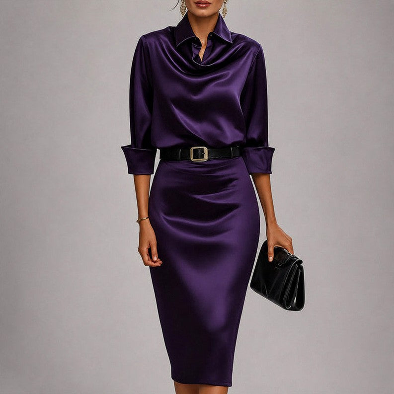 Satin Cowl Long Sleeve Midi Dress