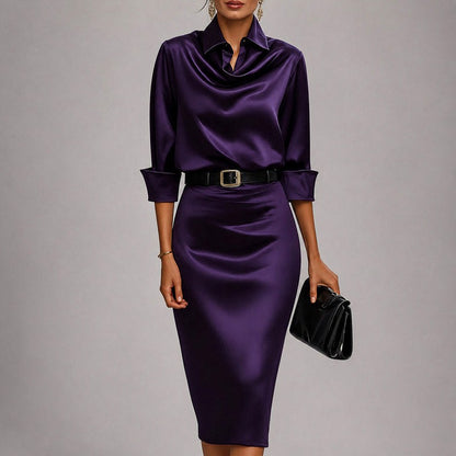 Satin Cowl Long Sleeve Midi Dress
