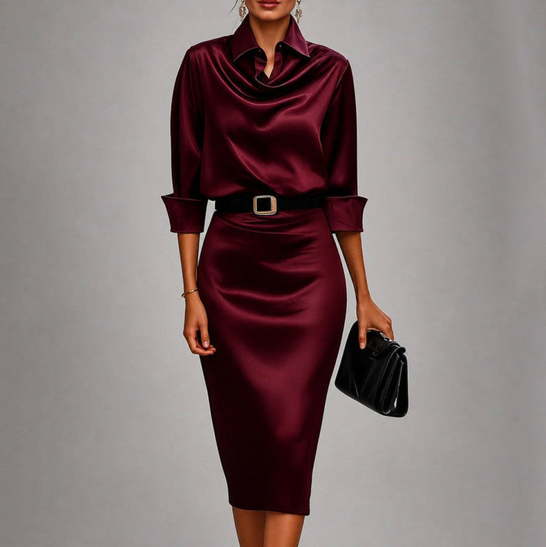 Satin Cowl Long Sleeve Midi Dress
