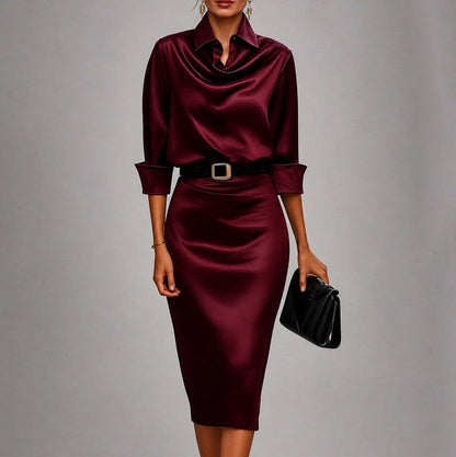 Satin Cowl Long Sleeve Midi Dress
