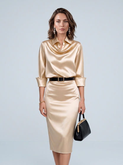 Satin Cowl Long Sleeve Midi Dress