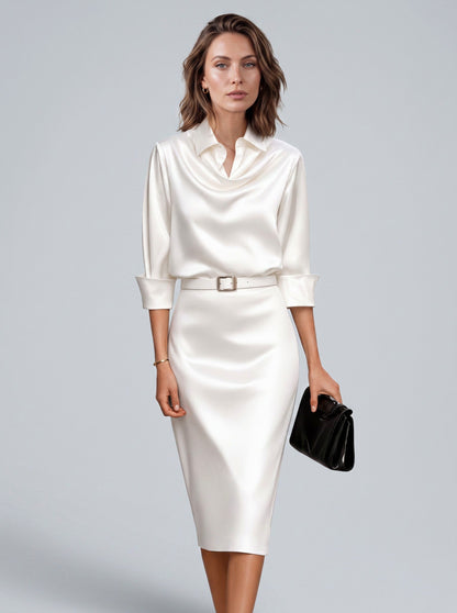 Satin Cowl Long Sleeve Midi Dress