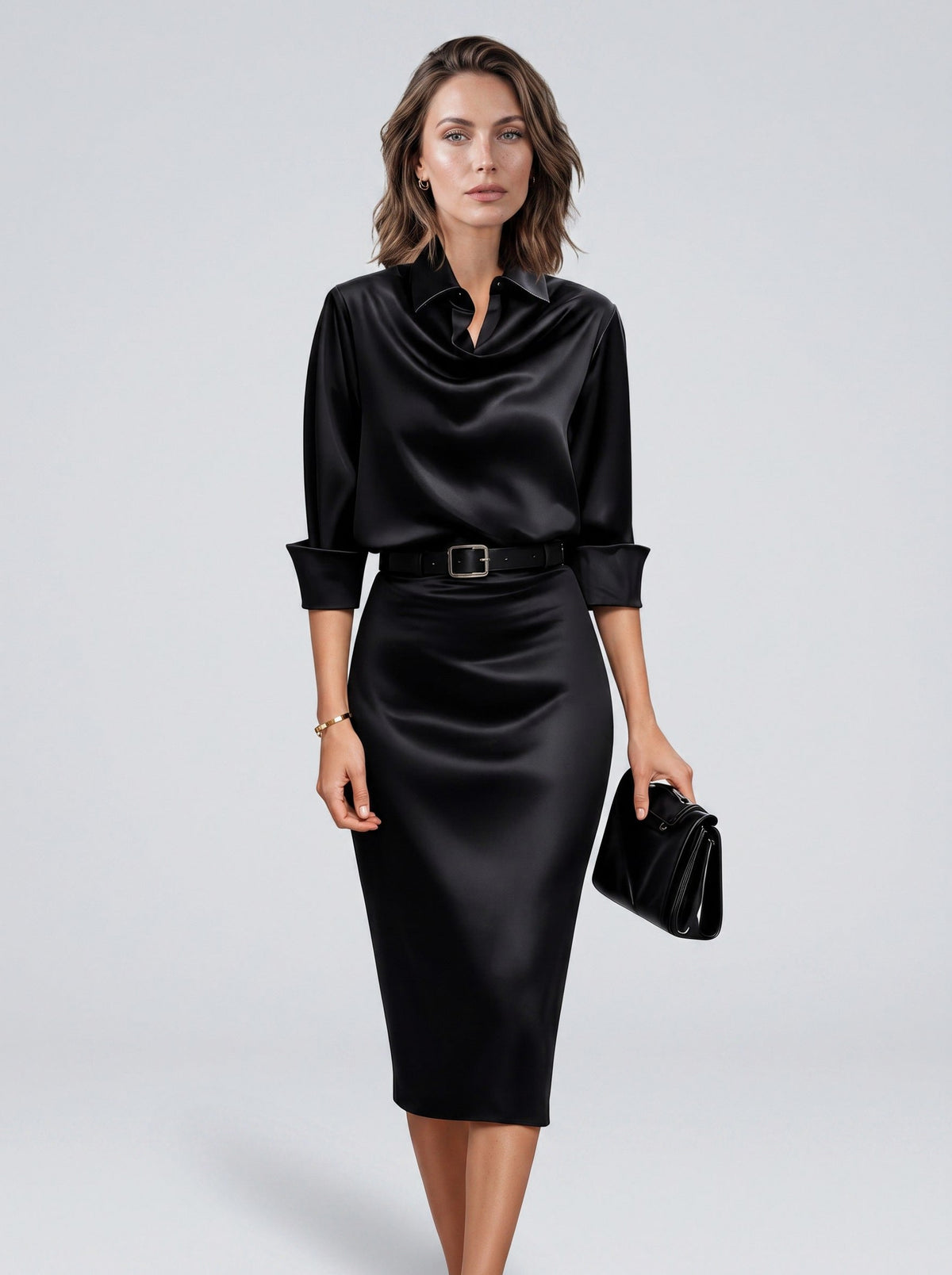 Satin Cowl Long Sleeve Midi Dress