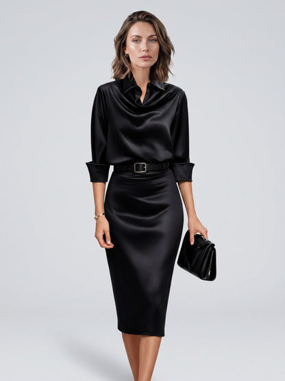Satin Cowl Long Sleeve Midi Dress