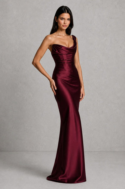 Satin Cowl Neck Ruched Maxi Dress
