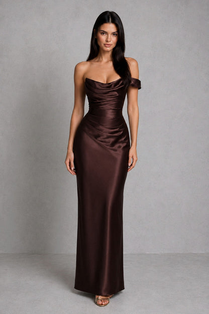 Satin Cowl Neck Ruched Maxi Dress