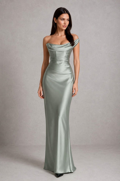 Satin Cowl Neck Ruched Maxi Dress
