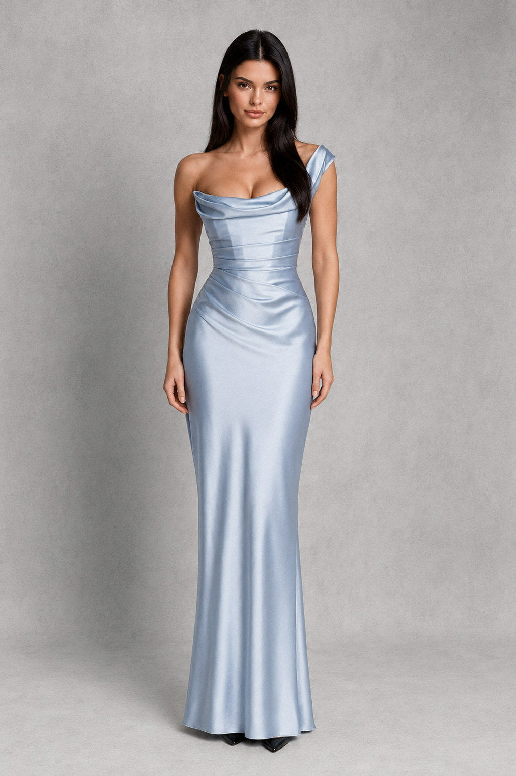 Satin Cowl Neck Ruched Maxi Dress