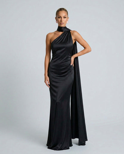 Satin One Shoulder High Neck Scarf Maxi Dress