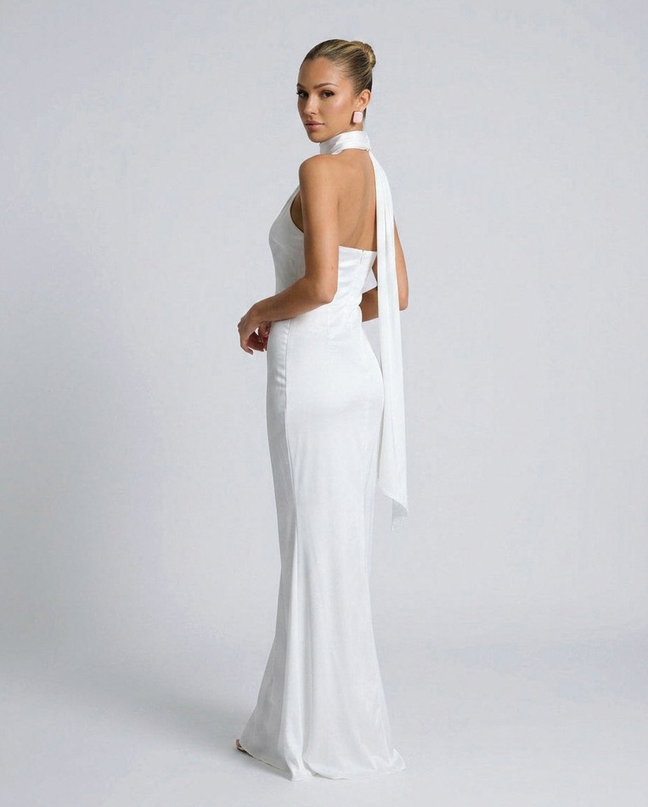 Satin One Shoulder High Neck Scarf Maxi Dress