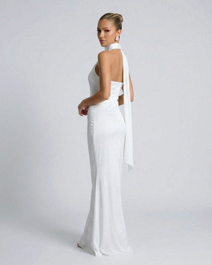 Satin One Shoulder High Neck Scarf Maxi Dress